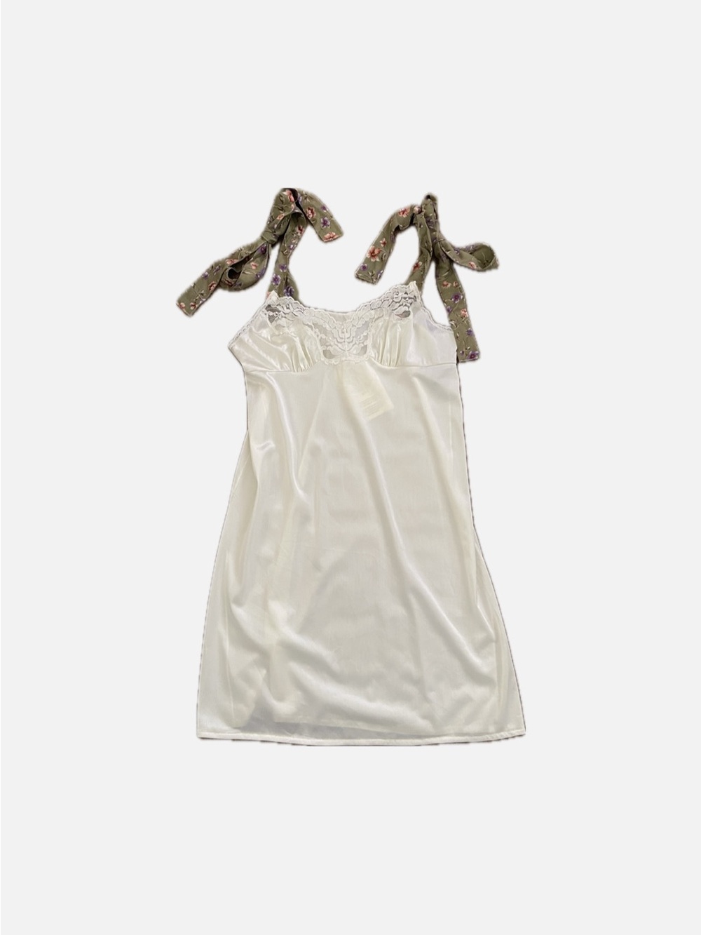 Urban Renewal Cream Satin Chemise with Olive Floral Tie Straps